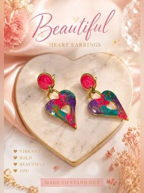 VTG Abstract Enamel Heart Drop Gold Tone Pink Purple Teal Statement Earrings